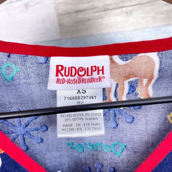 Rudolph The Red Nose Reindeer Christmas Scrub Top Blue Nursing Womens XS - Picture 5 of 5